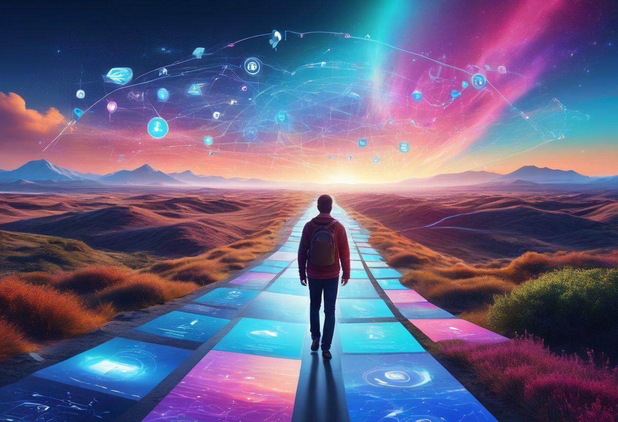 A modern digital landscape with abstract pathways symbolizing connectivity and flow, filled with icons representing various digital trends and insights like social media, gadgets, and data analytics. The sky above is filled with vibrant holographic displays showcasing trending topics. A person confidently walking through this landscape with a digital map in hand. super-realistic. vibrant colors. 3D.