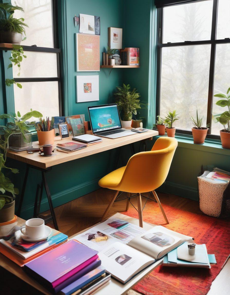 A vibrant workspace showcasing a diverse blend of editorial tools, product review samples, and digital devices. Include a cozy reading nook with colorful books, a laptop displaying an engaging lifestyle blog, and natural light streaming in. Add artistic elements like a cup of coffee and stylish stationery for a creative ambiance. super-realistic. vibrant colors. cozy atmosphere.