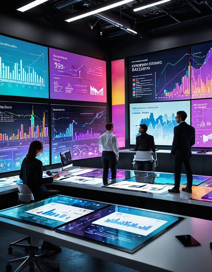 A dynamic and futuristic workspace featuring a diverse group of individuals engaged in discussions around a large digital screen displaying trending topics and analytics. Include elements like charts, graphs, and colorful data visuals floating in the air. The setting should evoke a sense of innovation and energy, with a sleek, modern aesthetic. Bright, engaging colors should dominate the scene to symbolize excitement and curiosity. super-realistic. vibrant colors. 3D.